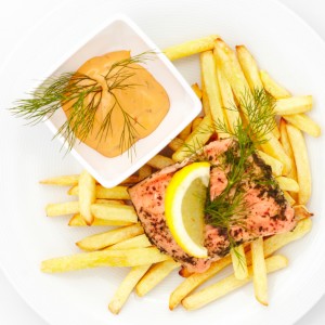 Salmon steak with fries